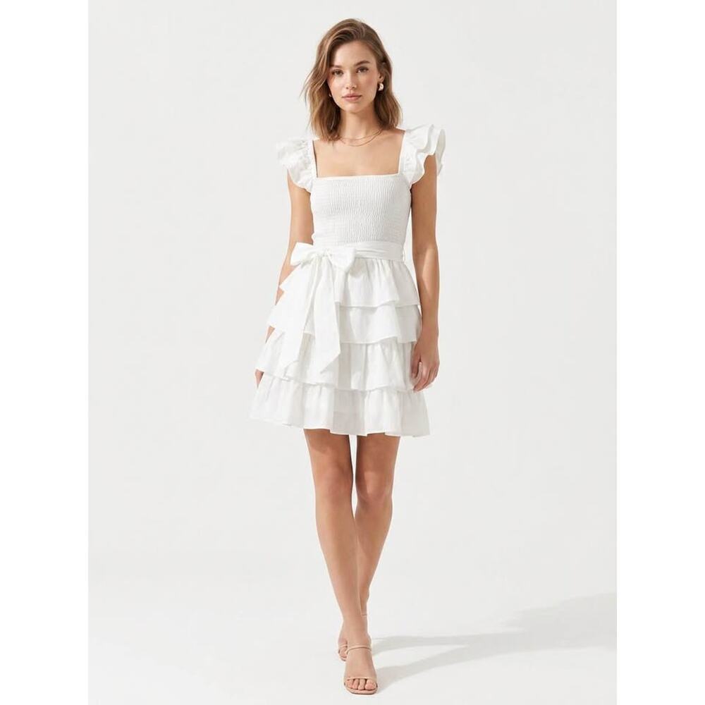 NWT Mable Women’s Medium White Smocked Belted Ruffle Mini Dress